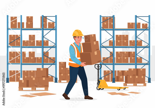 Hardworking warehouse worker carrying stacked boxes in a storage facility, flat style vector illustration of inventory management and efficient logistics