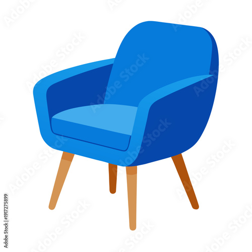 Modern blue armchair with wooden legs isolated on a white background for interior design.