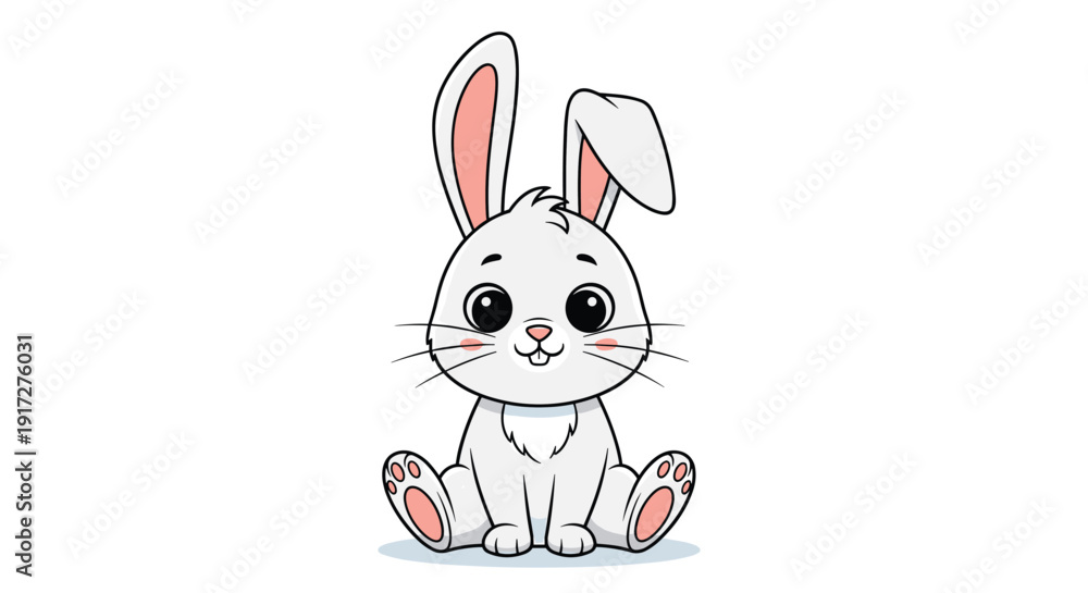 Obraz premium Adorable cartoon illustration of a white baby rabbit sitting down with large eyes and pink ears on a clean background.