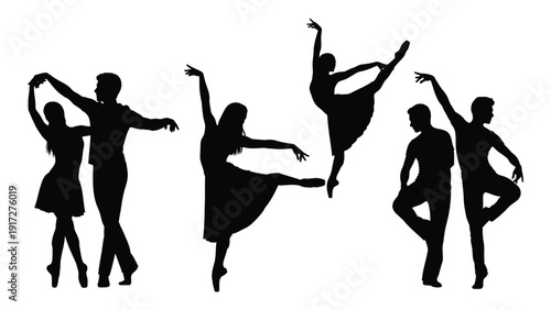 Silhouettes of dancers performing various ballet moves in a line isolated on white background, Vector