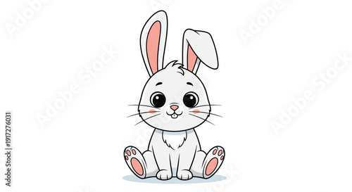 Adorable cartoon illustration of a white baby rabbit sitting down with large eyes and pink ears on a clean background.