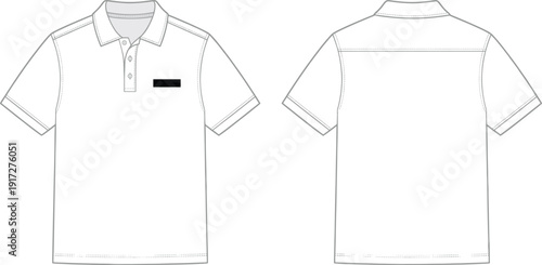 polo shirt, classic polo, short sleeve shirt, technical drawing, flat sketch and fashion illustration