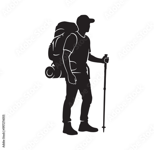 man with backpack and trekking pole walking alone on white background