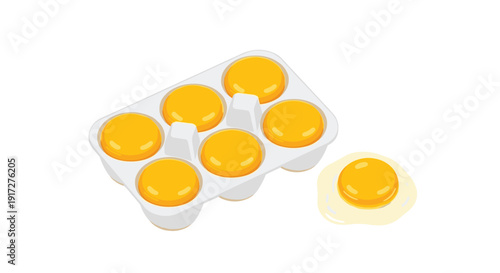Isometric illustration of a white cardboard carton containing six whole eggs with one fried egg shown beside it for cooking.