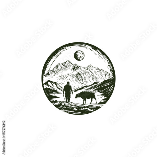 Shepherd with sheep in a mountainous landscape under a large moon or planet in vintage engraving style.