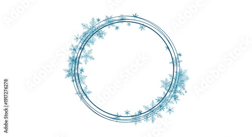 Delicate winter wreath composed of various blue snowflake patterns and thin circular lines for seasonal holiday designs.