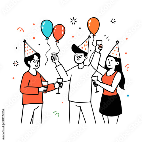 Birthday Party Celebration. Cheerful People in Festive Hats with Wine Glasses in Hands Celebrating Holiday on White Background with Balloons and Confetti. Cartoon Flat Vector Illustration, Line Art Se
