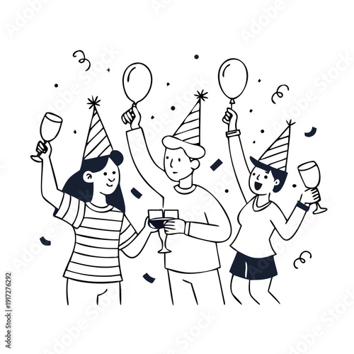 Birthday Party Celebration. Cheerful People in Festive Hats with Wine Glasses in Hands Celebrating Holiday on White Background with Balloons and Confetti. Cartoon Flat Vector Illustration, Line Art Se