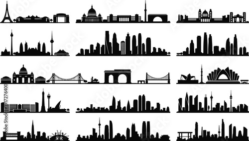 World city skyline silhouette set featuring famous global landmarks and urban skylines in bold black vector design

