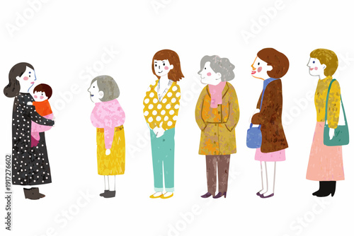 Illustration of six women including a mother with a baby standing together