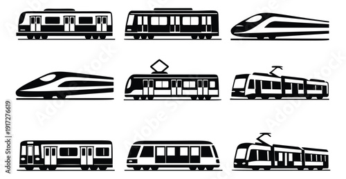Modern graphic rail transport icon set featuring subway, high speed trains, and trams for urban commuting