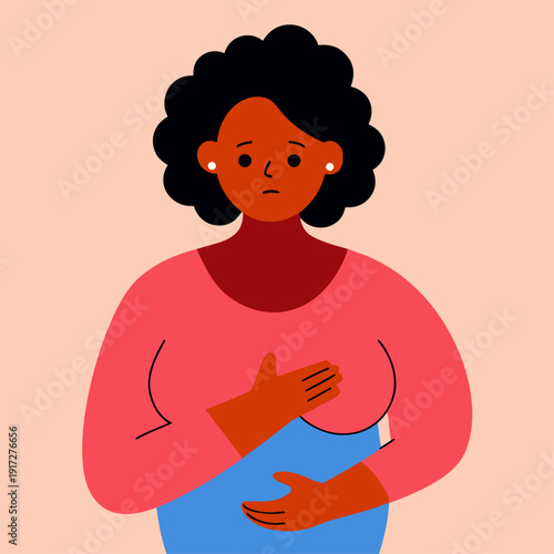An illustration of a concerned african american woman performing a breast self examination.