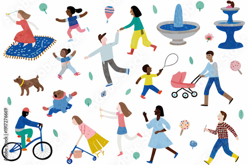 A colorful illustration depicts people enjoying a day in the park