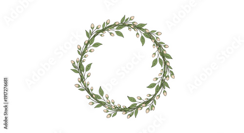 Subtle circular wreath made of small flower buds and green leaves on a thin stem for a natural and minimalist aesthetic.