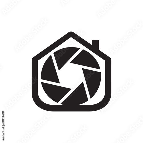 Modern Real Estate Photography Logo Featuring a Black Camera Shutter House Icon.