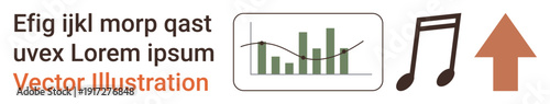 Audio industry, data analytics, growth trends, market research, sound tracking, technology innovation. Stylized music note, bar graph upward arrow. Audio industry and data analytics concept