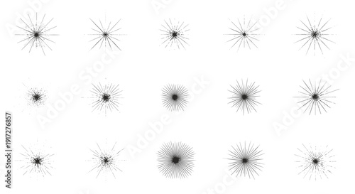 Comprehensive set of fifteen unique black line art starbursts, sparkles, and light explosions in various shapes and sizes.