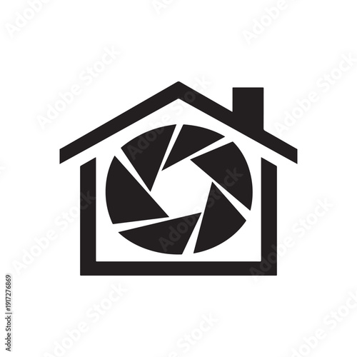 Modern Real Estate Photography Logo Featuring a Black Camera Shutter House Icon.