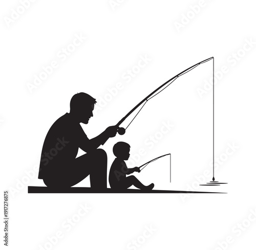 silhouette of a man and a child fishing together on a pier by the water  recreational activity