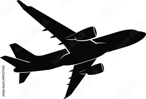 Black airplane silhouette isolated on white background, commercial passenger jet aircraft icon in flight, aviation travel transport symbol, modern airliner side view illustration