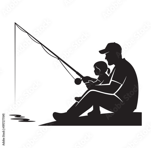 silhouette of a man and a child fishing together on the water