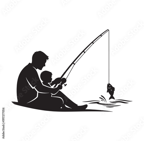 silhouette of a man and a child fishing together on the water  a heartwarming moment