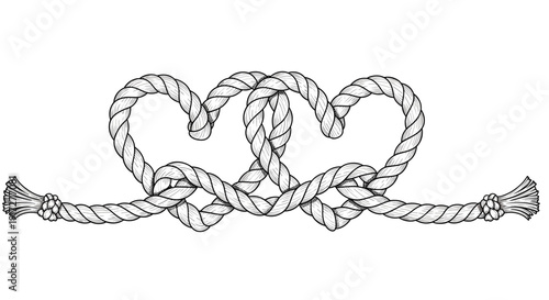 Two intertwined hearts created from thick nautical rope in a vintage sketch style isolated on a plain white background.