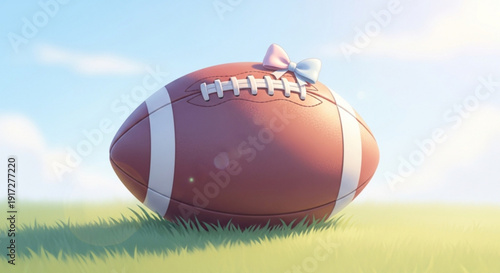 American Football on Green Grass Field with Blue Sky Background