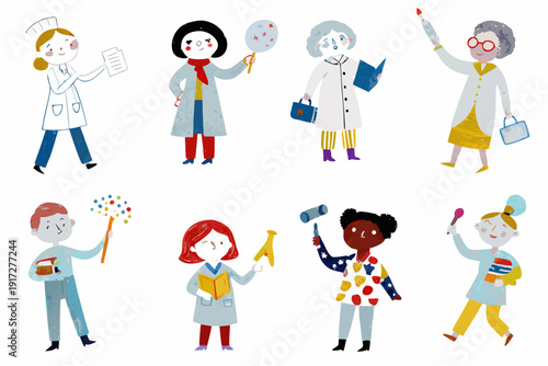 Diverse group of illustrated women and children in medical professions
