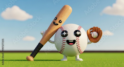Happy Cartoon Baseball Character with Bat and Glove on Green Grass Field