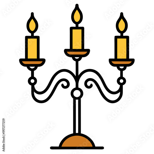 An elegant candelabra holds three burning candles with flickering flames, featuring a black and gold vintage design.