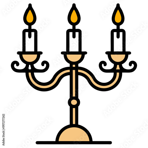 An elegant candelabra holds three burning candles with flickering flames, showcasing a gold and peach vintage design.