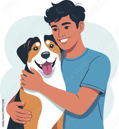 Young man hugging happy pet dog vector illustration