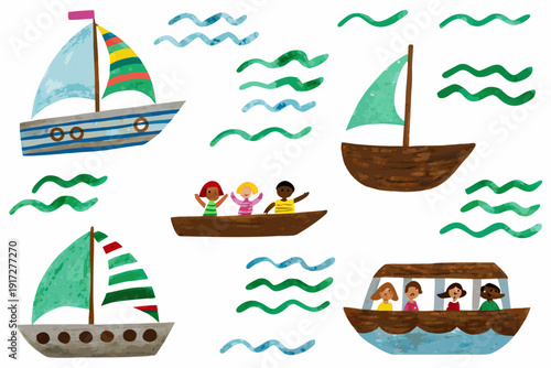 Colorful illustration featuring sailboats rowboats and people on the water