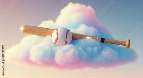 Baseball Bat and Ball on Cloud during Sunset, Fantasy Sports Concept