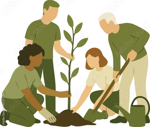 Diverse neighbors planting tree together for community sustainability