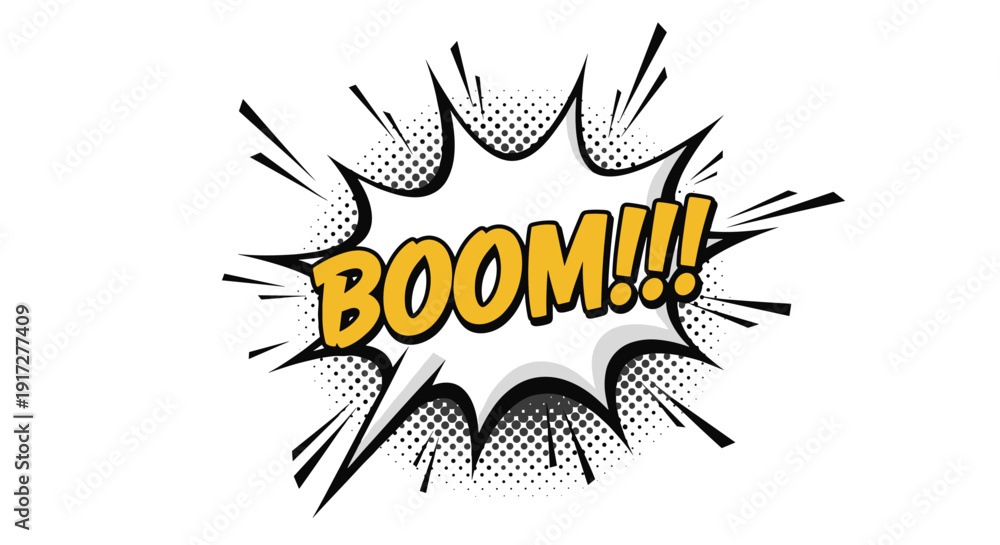 Fototapeta premium Vibrant comic book style explosion featuring the word BOOM in yellow letters with black outlines on white background.