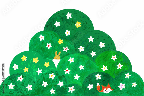 A whimsical illustration of a green tree with stars and woodland creatures