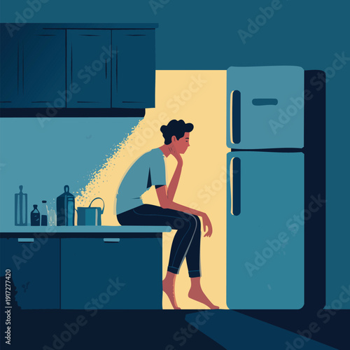 sad man sitting alone on a kitchen counter in a dark room