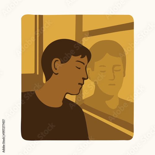 man looking at city lights through a train window at night