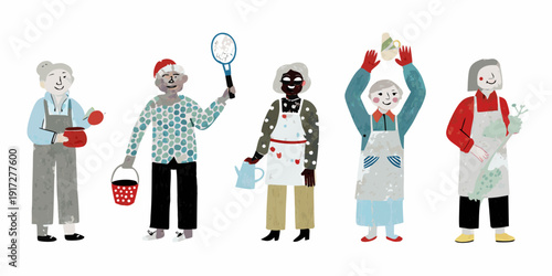 Diverse group of seniors cheerfully engaged in various gardening activities