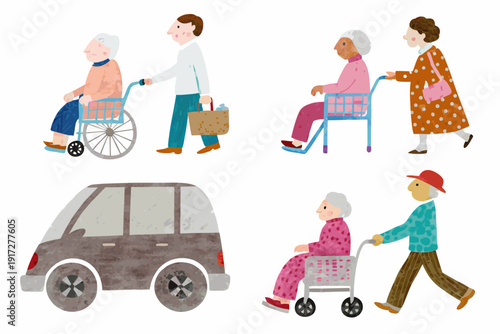 Diverse group of seniors assisted by caregivers with accessible transport
