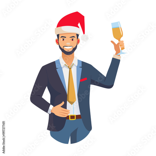 A man in a blazer and santa hat makes a festive gesture while holding a glass of champagne. His happy expression channels the spirit of the event. Vector illustration
