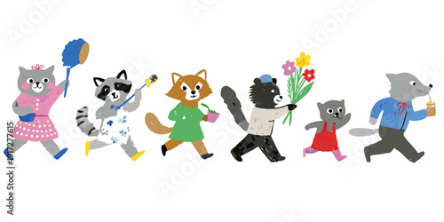 A whimsical parade of anthropomorphic animals walking in a line