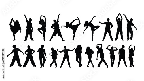 Diverse group of people dancing in various styles and poses isolated on white background, Vector