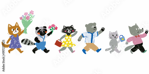 A charming illustration of animals walking and carrying flowers