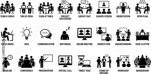  Collaboration Team Meeting Remote Work Online Call Brainstorming Presentation Workspace Productivity Communication and Professional Corporate Project Management Pictogram Collection