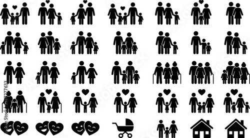 Family Icon Set Featuring Happy Couple Parents with Children Elderly Grandparents Newborn Stroller Love Hearts Home Life Togetherness Generations Silhouette Pictograms for Insurance and Community