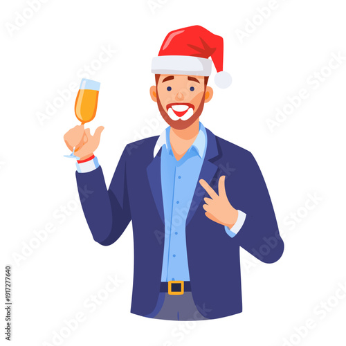 A man in a blazer and santa hat makes a festive gesture while holding a glass of champagne. His happy expression channels the spirit of the event. Vector illustration

