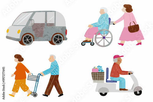 Seniors with mobility aids and a vehicle for accessible transportation
